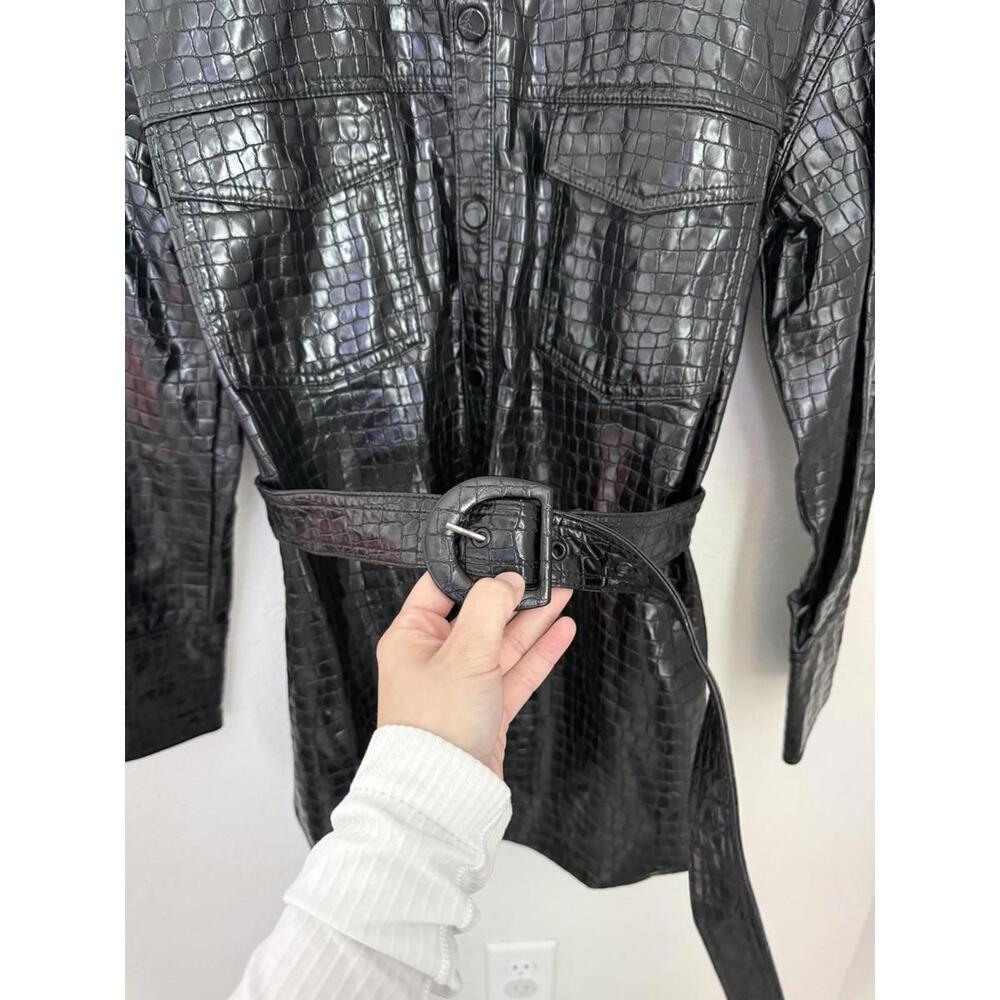 Zara Women’s Sz S Black Faux Crocodile Embossed faCollared Belted Jacket - Picture 4 of 7